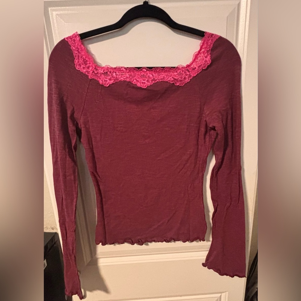NWT Free People Low Back Lace Trim Top Raspberry Pink Long Sleeve Boho Size L